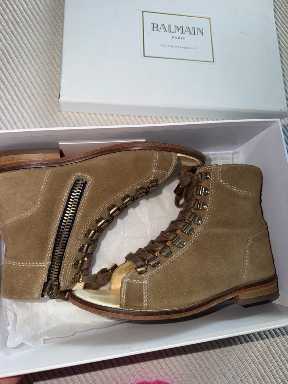 Balmain Women's Tan Suede Lace-Up Ankle Boots with Gold Toe Cap